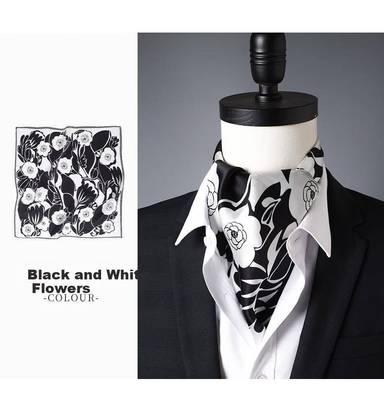 Hangsifu Men's Silk Scarf, Mulberry Silk Scarf, Small Square Scarf, Business Necktie, Birthday Gift for Husband Or Father, Black Horse Patter 15