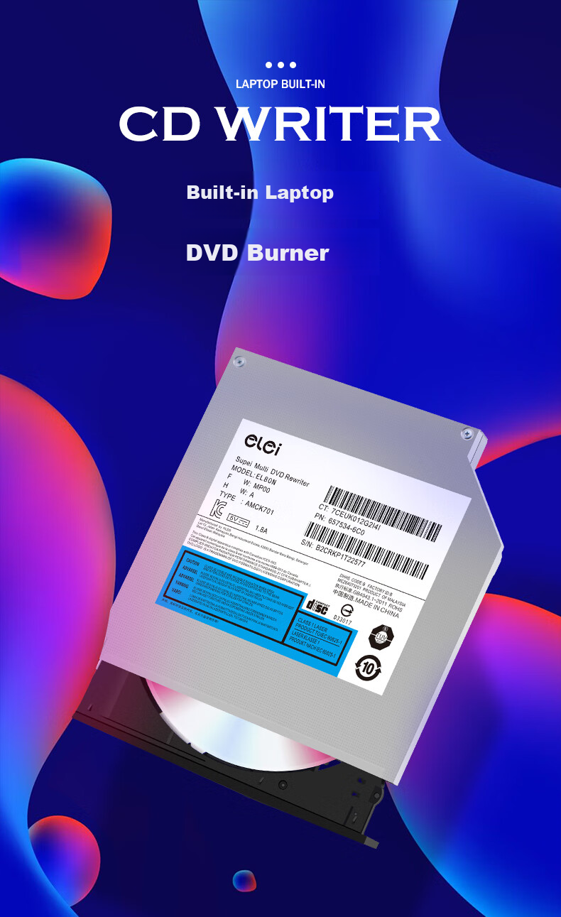 Elei Laptop Optical Drive All-In Burner, Internal Burner, 12.7mm Thickness, SATA Interface, EL80N (Compatible with Lenovo HP Haier Shenzhou Dell) 1