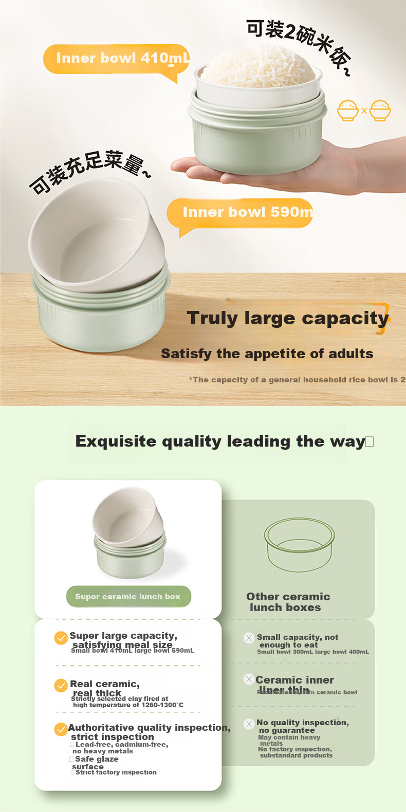 SUPOR Ceramic Lunch Box with Inner Container, Microwave-Safe Bento Box for Office Workers And Students, Portable Meal Container Set of Three Pieces 2