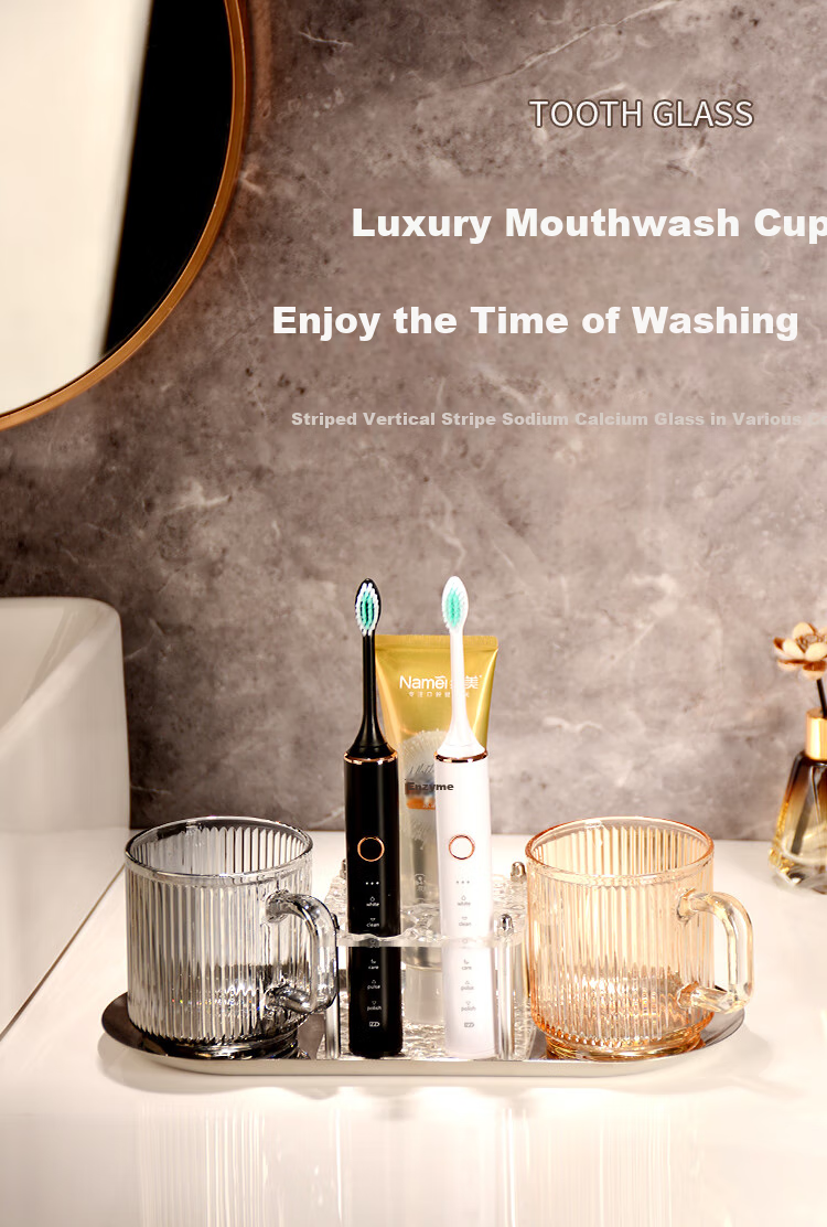 Fanyejia Glass Mouthwash Cup Set of 3, Luxury Style Couple Water Cups for Hotel, Inn, Dormitory, with Brush Handle Tooth Cup 1