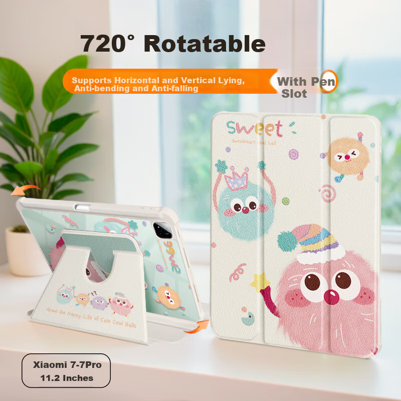 Asiwa Protective Case for Xiaomi Pad 7/7 Pro, 11.2-Inch 2024 Model, with Pen Holder, 360-Degree Rotating, Horizontal And Vertical Support, Cartoon Design, Shockproof And Bend-Resistant