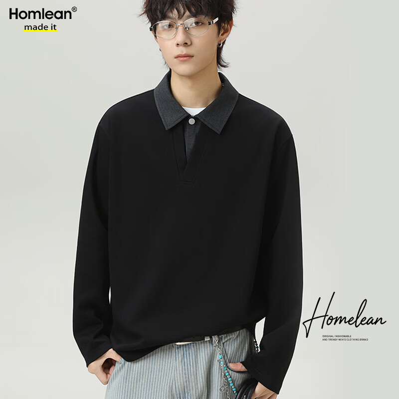 Homlean American Style Two-Piece Collar Sweatshirt Men Autumn Winter Trendy Loose Casual Polo Shirt HX13 Black S