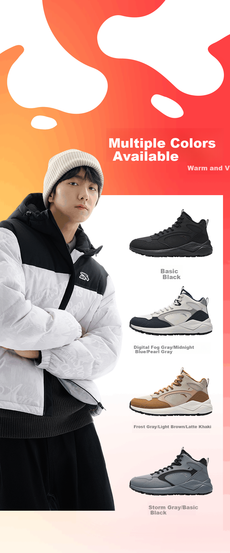 ANTA Cotton Shoes, Casual Shoes for Men, Winter Leather Upper, Fleece-Lined, Thickened, Warm, Platform Heels, Durable Sneakers 5