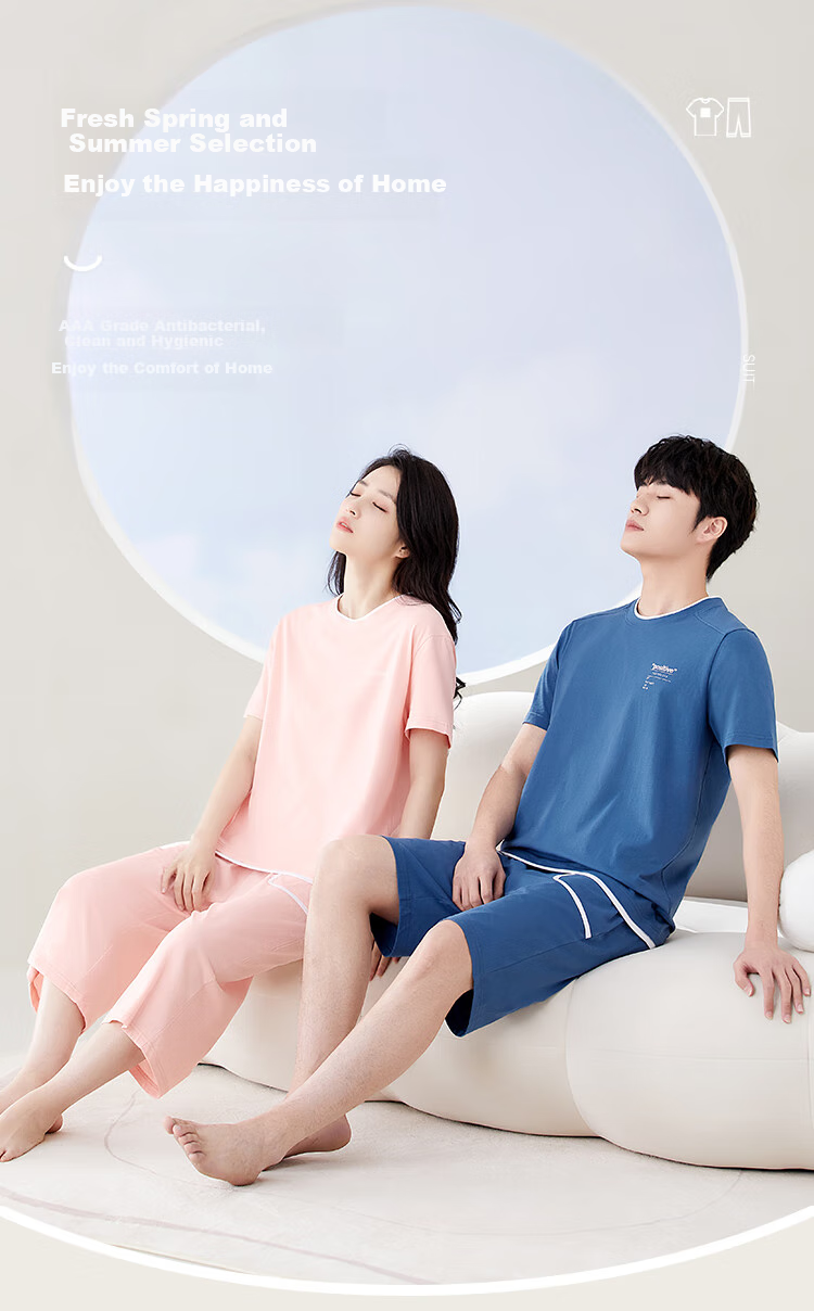 Hongdoujujia Pure Cotton Pajamas for Men, Summer Short-Sleeve Round Neck Antibacterial Loungewear, Nia Blue 170/92A 8