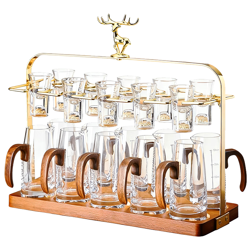 Green Apple Crystal Glass Walnut Wood Decanter with Gold Leaf Baijiu Cup Set Perfect Ten Golden Deer Cup Rack Birthday Gift