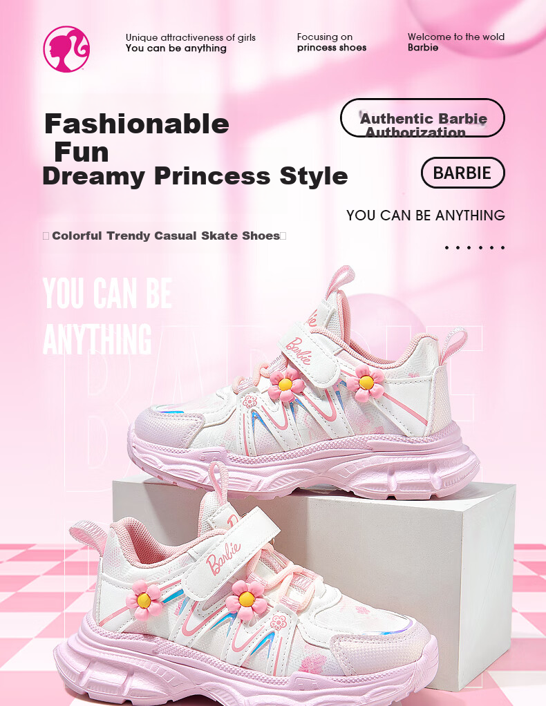 Barbie Children's Spring And Autumn Single-Layer Dad Shoes, Girls' Elementary School Running Shoes, Sports Casual Shoes DA6937 Pink 33 1