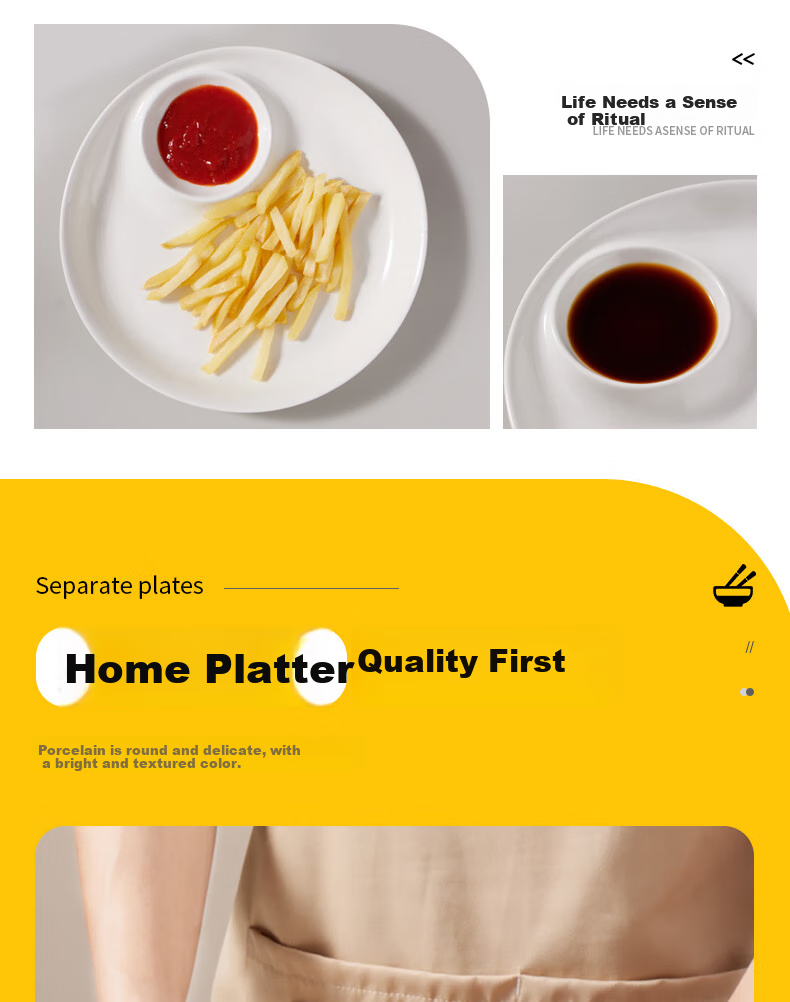 Baijie Ceramic Dumpling Plate with Vinegar Dish, Household Dipping Plate, Divided Plate, Snack Plate, French Fries And Shrimp Plate, Single Piece Double Plate 8