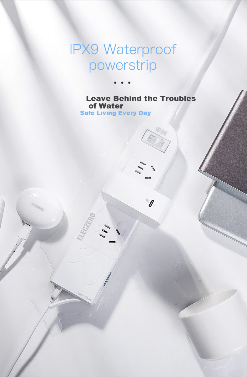 KPQ Zero-Contact KPQ Non-Electric Shock Socket, IPX9 Waterproof, Overload And Short Circuit Protection Power Strip, Outdoor Rainproof Power Strip, Kitchen Bathroom Moisture-Proof Children's Anti-Electric Shock DF02, 3 Meters Long 9