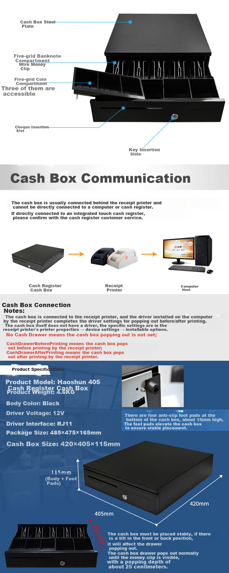 Haoshun (Hysoon) HS-405 Cash Drawer with Five Compartments And Three Levels, Independent Key Locking, Cash Register Cash Box RJ11 Crystal Connector (12V Black) 6