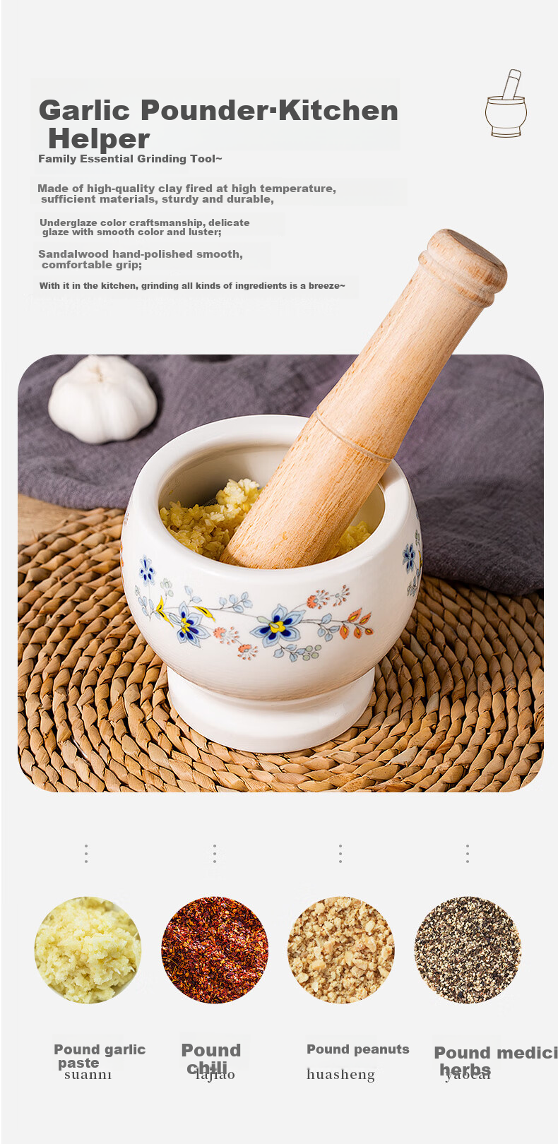 Newair Ceramic Garlic Masher, Manual Home-Use Old-Style Garlic Crusher, Garlic Paste Maker, Stone Mortar for Crushing Garlic And Grinding Herbs 2