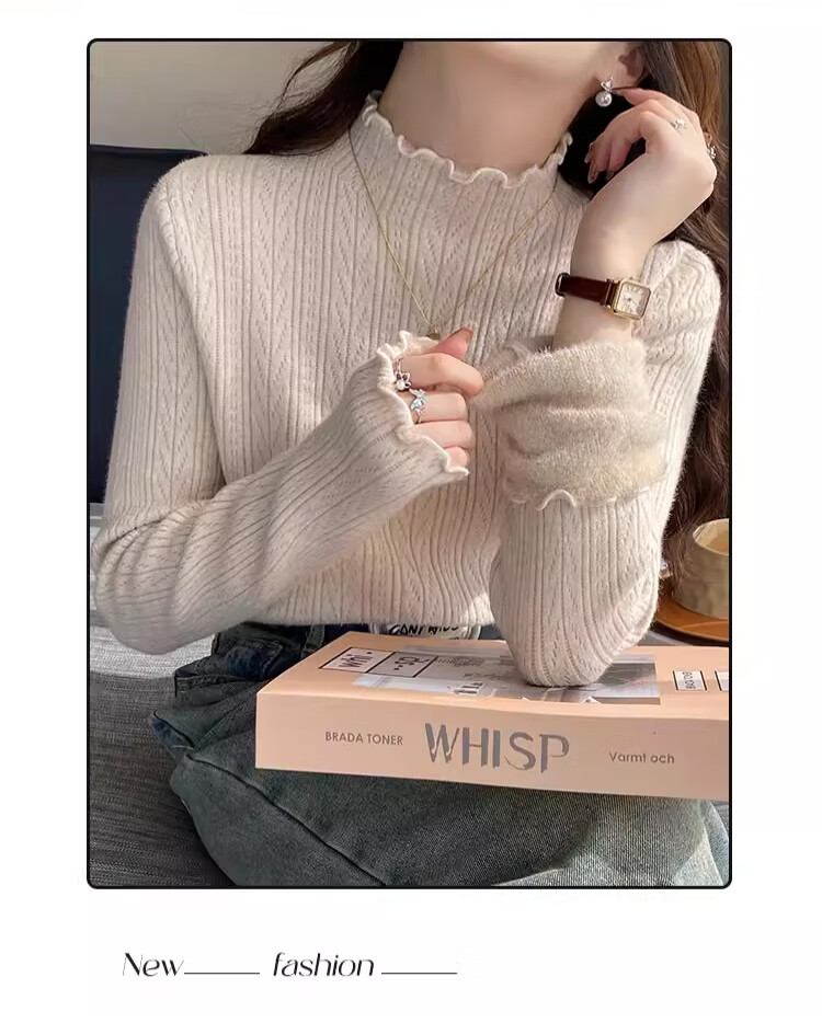 LangSha Women's Autumn Winter Fleece Lined Thickened 2025 New High-End Half Turtleneck Ruffled Knit Sweater Top 14