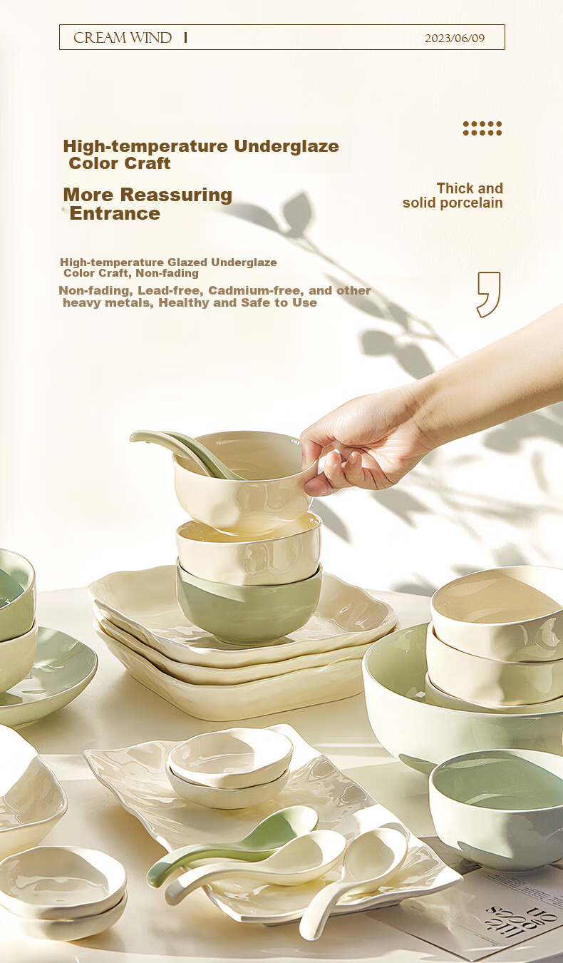 TREEJACK Ceramic Bowl And Plate Set, French Minimalist Cream Style Bowls, Plates And Chopsticks, Housewarming Gift, Tableware Gift Box, 28-Piece Set 5
