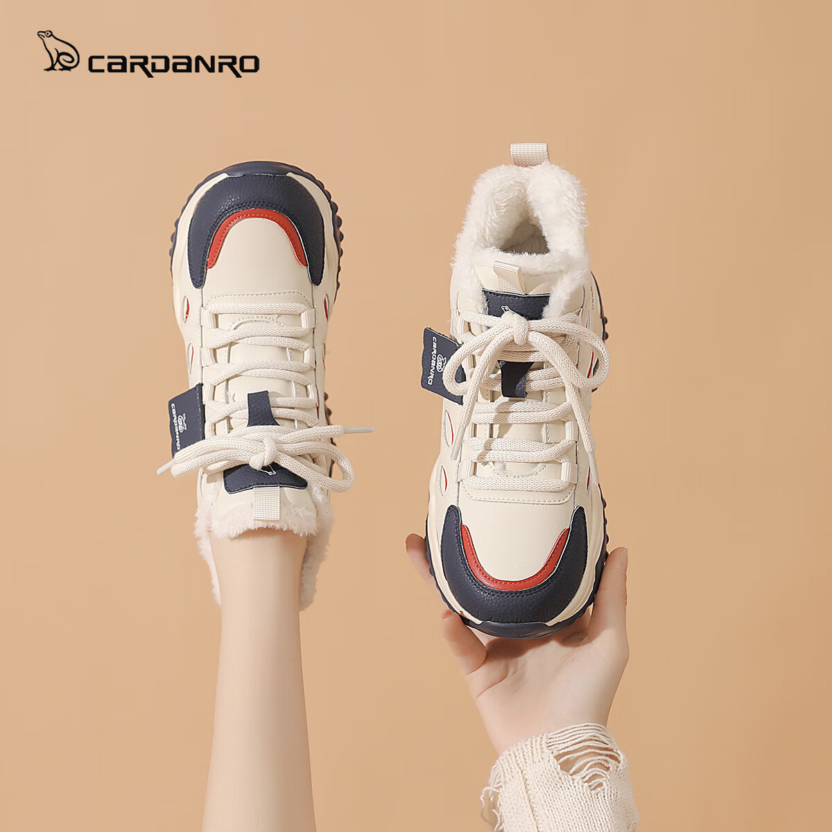 CARDANRO Women's White Sneakers 2025 New Autumn Winter Plush High-Top Sports Casual Soft Sole Height-Increasing Dad Shoes