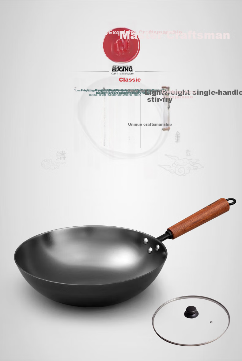 Dianjiang Cast Iron Wok, Uncoated Iron Pan, Cooking Pan for Home Use, Low Smoke, Round Bottom Wok for Gas Stove, Cookware, 30cm 1