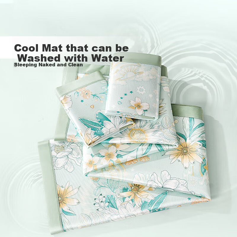 FUANNA Qingge Ice Silk Cooling Mat, Cool-Feeling Printed Soft Mat, Double Size, Three-Piece Set, Green 1.8*2 Meters [Washable]