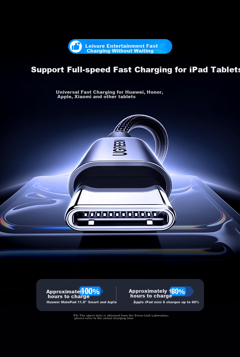 UGREEN Dual-Head Type-C Data Cable PD100W/88W Super Fast Charging Cord Compatible with Huawei, Honor, Xiaomi, Apple 17/16e/15 Tablets, Laptops, Car Charger 1 Meter 4