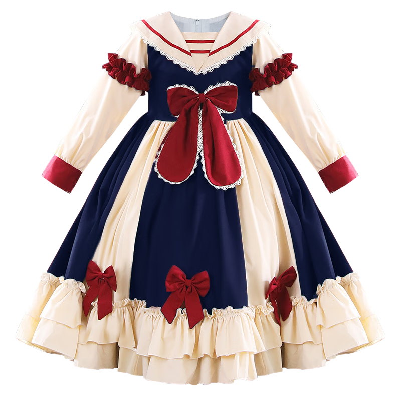 LUOBOBEIBEI Girls' Princess Dress, Autumn One-Piece Dress, Korean Style Children's Dress, Cute Lolita New Year Outfit, Blue, Size 160