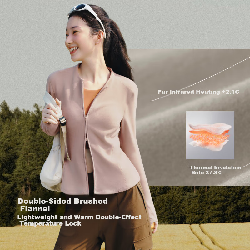 Beneunder Fleece Double Zipper Top for Women, Slim Fit, Elastic Long Sleeve, Skin-Friendly Inner Layer Base Shirt PM007