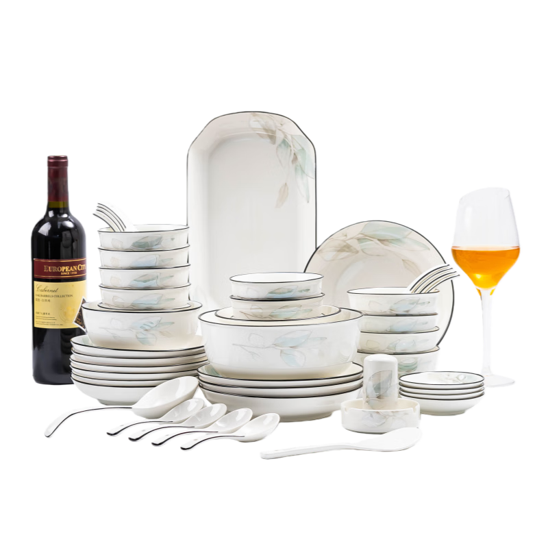 Haoya Jingdezhen Ceramic Tableware Set, Chinese-Style Bowls And Plates Combination with Chopsticks, Housewarming Gift, 68-Piece Set, Black Line Spring Desig