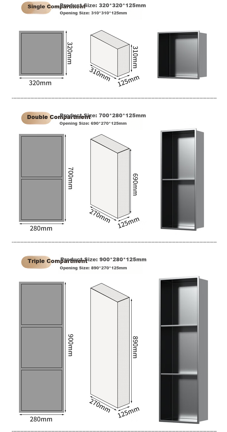Baizi 304 Stainless Steel Bathroom Storage Rack, Built-In Wall Cabinet with Door, Waterproof, 3-Tier Large Capacity Storage Unit for Bathroom 13