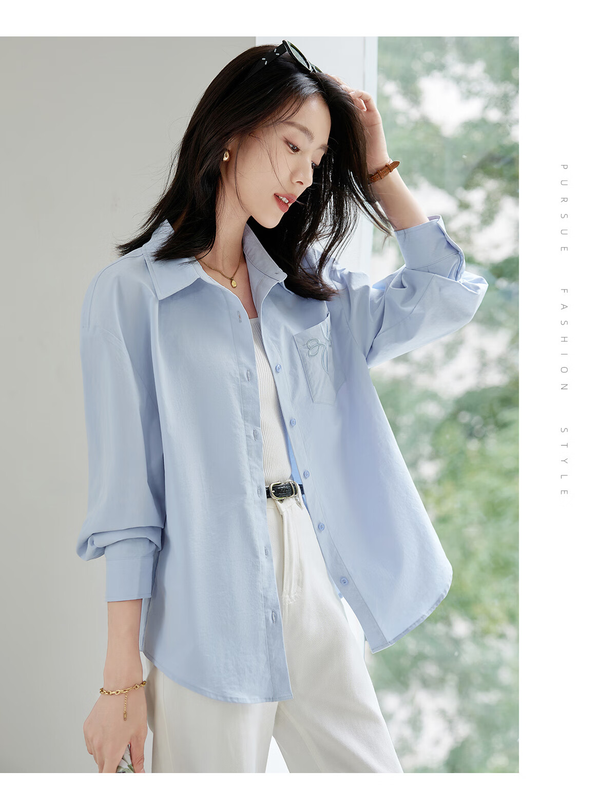 Chushen Women's Spring and Autumn Long Sleeve Shirt Embroidered Pocket Design Loose Simple Commuter Blouse S143C2031 11
