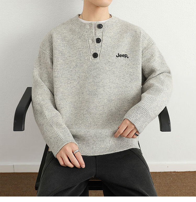 JEEP Men's Winter Sweater Thickened Warm Knitted Shirt Light Gray XL 4