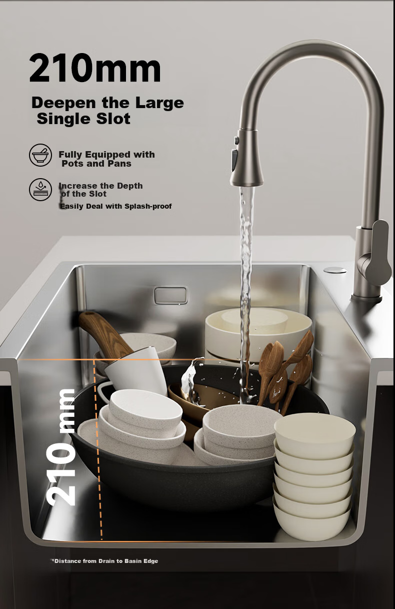 Yuhongfeiyu Large Single Sink, Kitchen Handmade 304 Stainless Steel Multifunctional Textured Vegetable Washing Basin, Integrated Basi 8