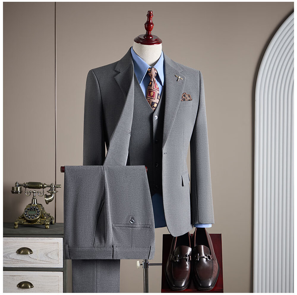 ROMON Men's Business Suit Set Blazer + Vest + Trousers Black 2XL 8