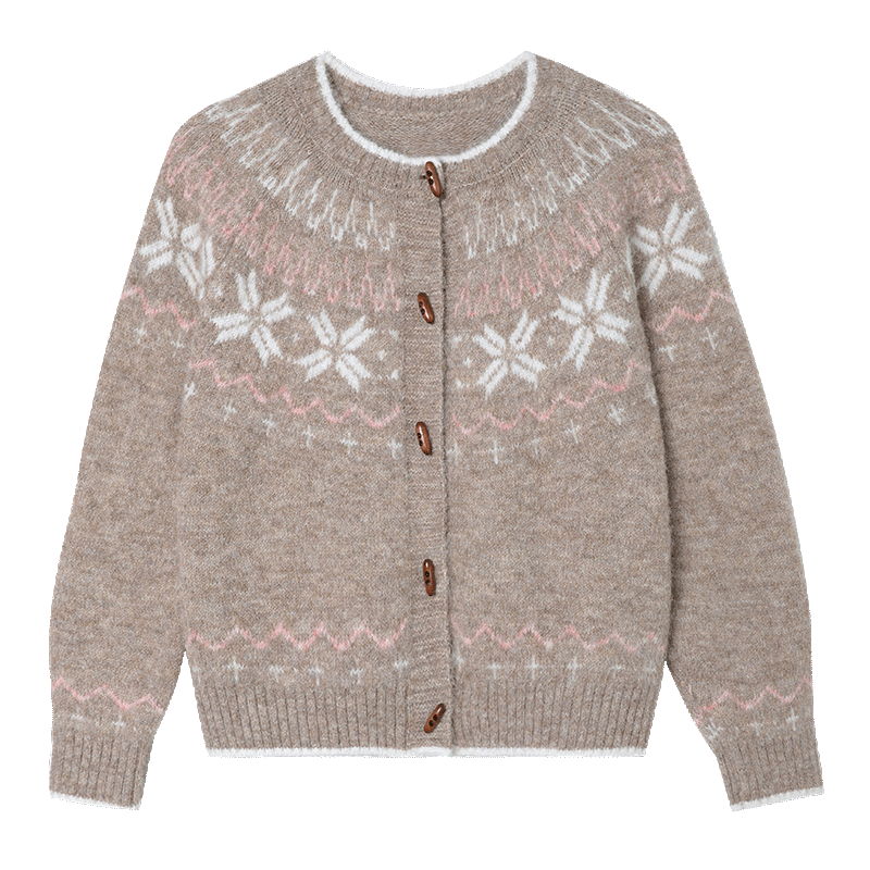 Bailuyu Vintage Colorblock Snowflake Wool Blend Cardigan Sweater Women Oatmeal S 2025 Autumn Winter New