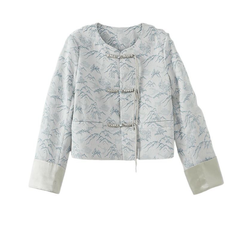 DME Cold White Tea Spring Autumn National Style New Chinese Round Neck Jacquard Tassel Button Slimming Short Coat for Women