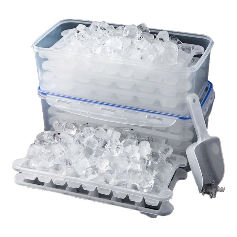 Quanshi Ice Cube Tray, Plastic Homemade Ice Mold, Freezer Tray, Ice Cube Box with 4 Layers, 144 Grids, Ice Scoop, Snap-On Lid