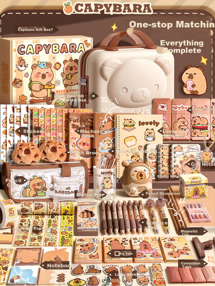 Shuxing Capybara Stationery Gift Set for Boys And Girls, Birthday Present, Back-To Gift Pack, First Grade And Above School Supplies, Pencil Case, Blind Box, High-Quality Gift for Female Middle School Students 1