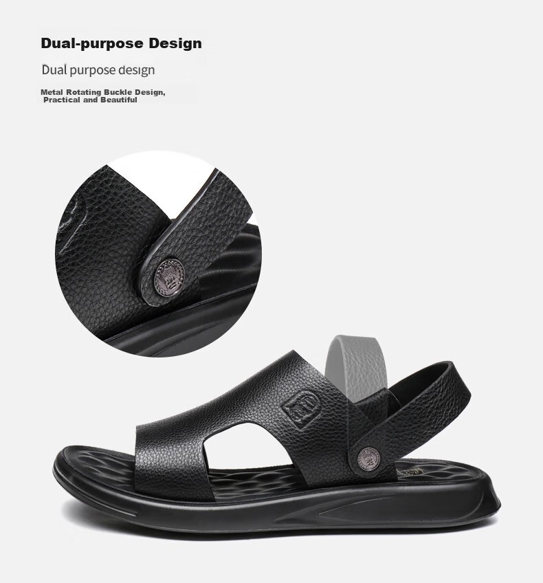 LAORENTOU Men's Sandals, Summer Top-Grain Leather Breathable Beach Versatile Casual Shoes Slippers Men's Footwear, 10965 Black 41 7