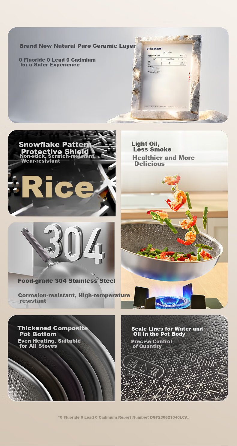 Midea Non-Stick Wok, Stir-Fry Pan, Induction Cooker Compatible, 304 Stainless Steel Pot, Gas Stove Ceramic Pan, Zero Fluorine Snowflake Non-Stick Core 6
