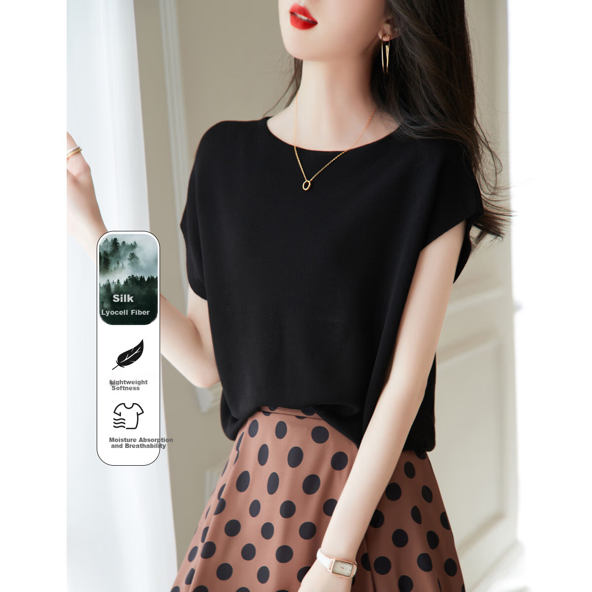 Dme [One-Neck Sweater] Summer Elegant Batwing Sleeve Short-Sleeve Knit Top for Wome
