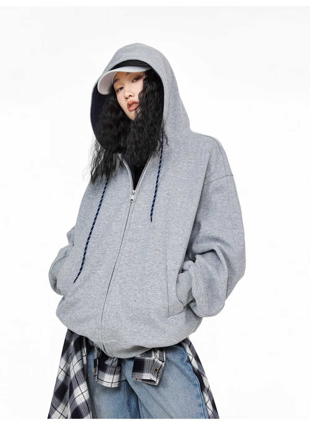 ICH MODE Women's Hoodie American Vintage Loose Fit Zip-up Sweatshirt Spring Autumn New Light Heather Gray L 28