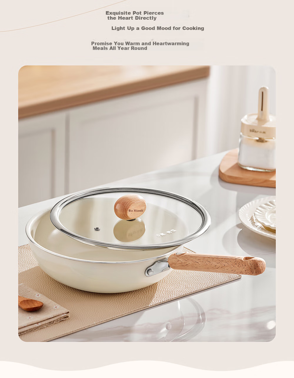 Bear Titanium-Containing Ceramic Wok with Steamer, Non-Stick Coating, Non-Fluorinated, Suitable for Induction And Gas Stoves, 24cm 3