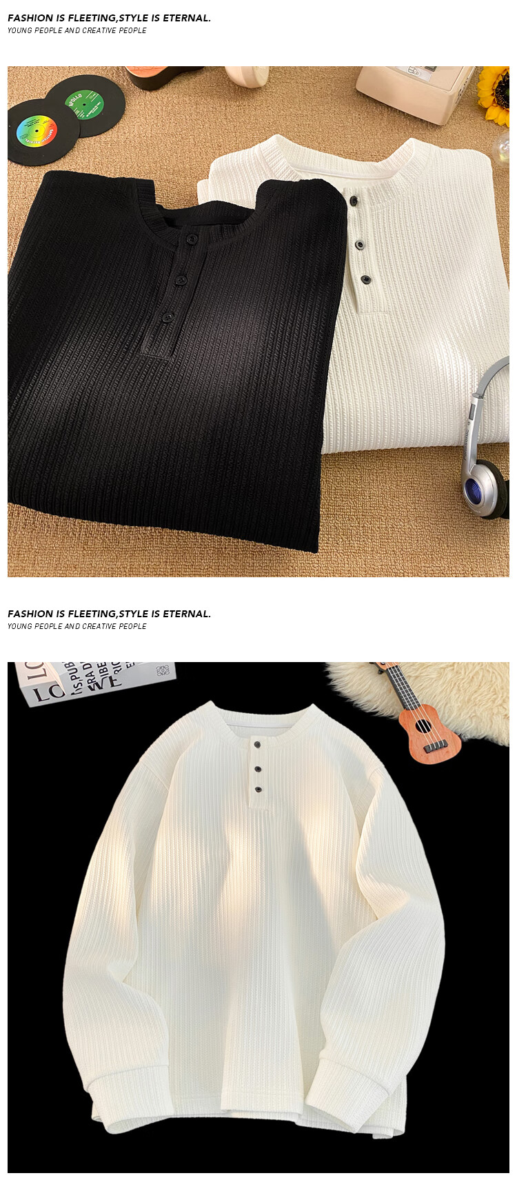 MMOPTOP American Style Henry Collar Long Sleeve T-Shirt Autumn Winter Men's Textured Solid Color Base Shirt MTX20 White XL 5