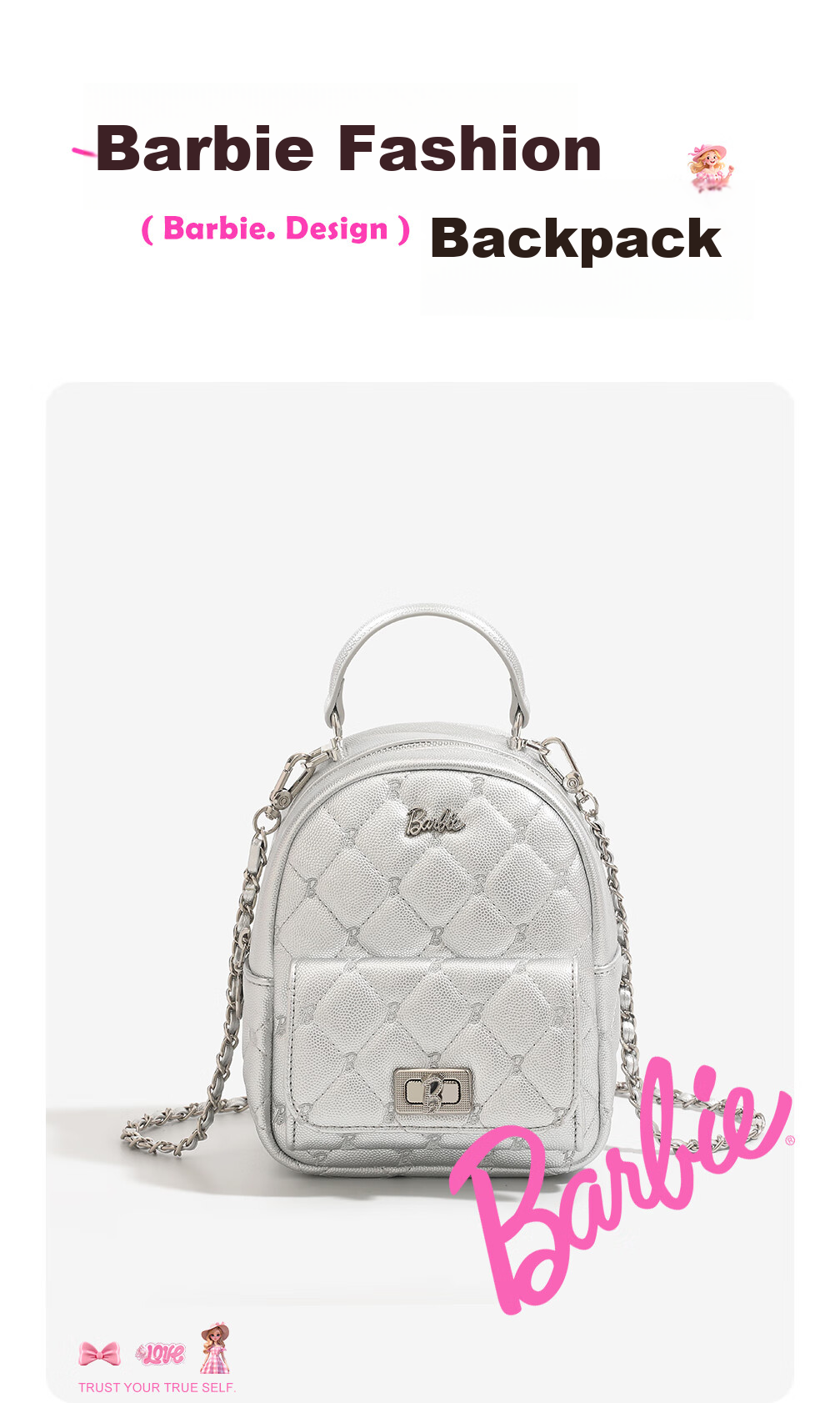 Barbie Backpack for Women, 2026 New Style Diamond-Quilted Chain Light Luxury Laptop Bag for College Students, Birthday Gift, Valentine's Day Present 2