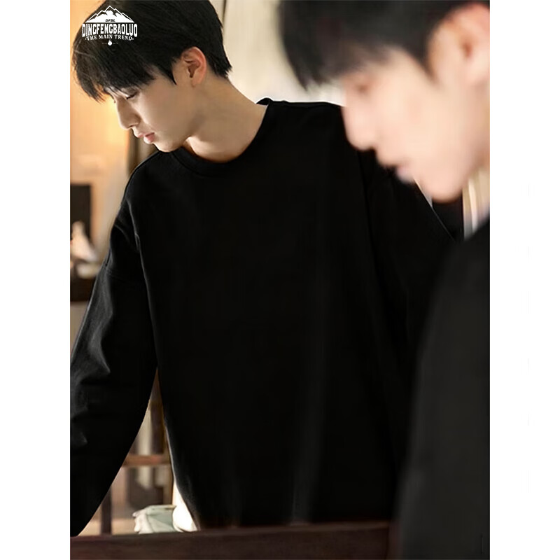 Dingfengbaoluo Pure Cotton American Style Trendy Sweatshirt Men's Autumn Winter Loose Casual Couple Long Sleeve Base Shirt XBY40 Black M