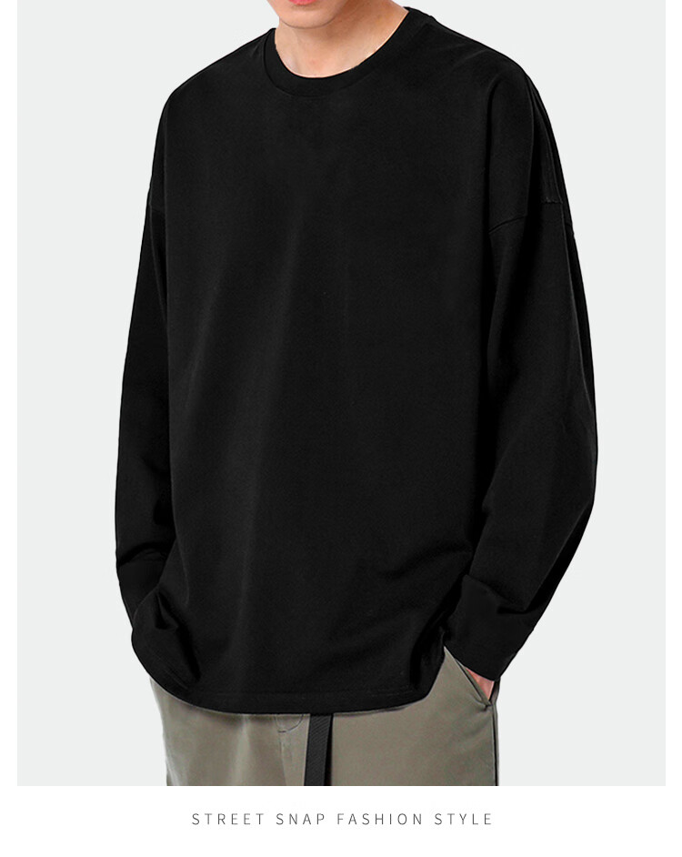 Langsha Long Sleeve T-Shirt Men Spring Autumn Basic Solid Color Crew Neck Loose Fit Pure Cotton Top Unisex 11