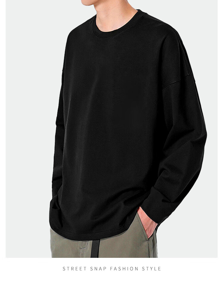Langsha Long Sleeve T-Shirt Men Spring Autumn Basic Solid Color Crew Neck Loose Fit Pure Cotton Top Unisex 12