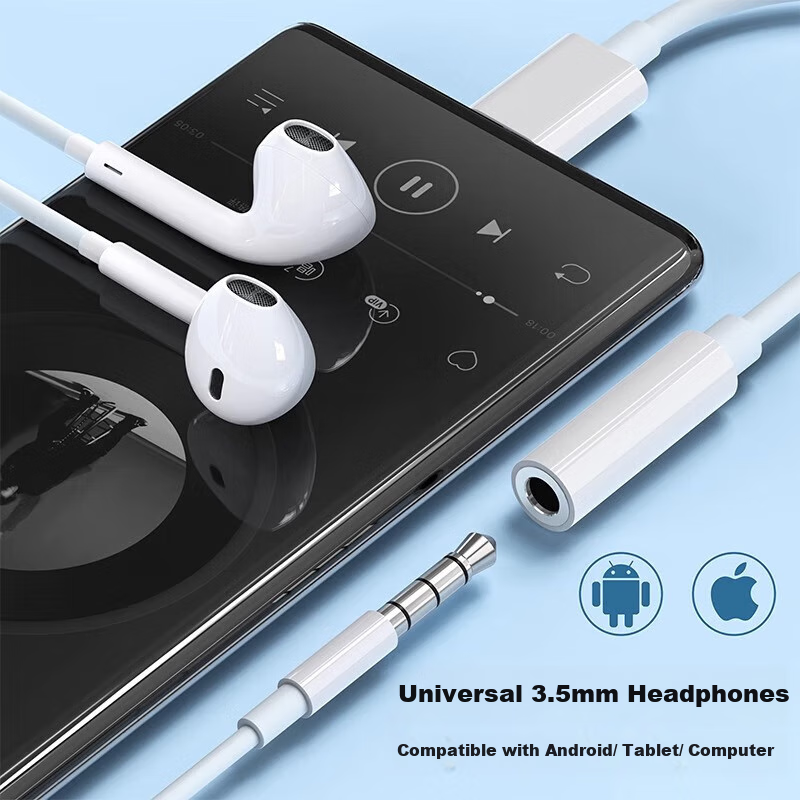 Nengshi Type-C Headphone Adapter, 3.5MM Audio Converter, Compatible with Apple 15, Huawei, OPPO, Xiaomi, Honor Phones, Wired Round Hole, Two-In Dual Type-C