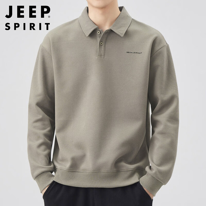 JEEP SPIRIT Men's Polo Shirt Sweatshirt Autumn Winter Loose Long Sleeve Collared T-Shirt Top Gray Green 4XL