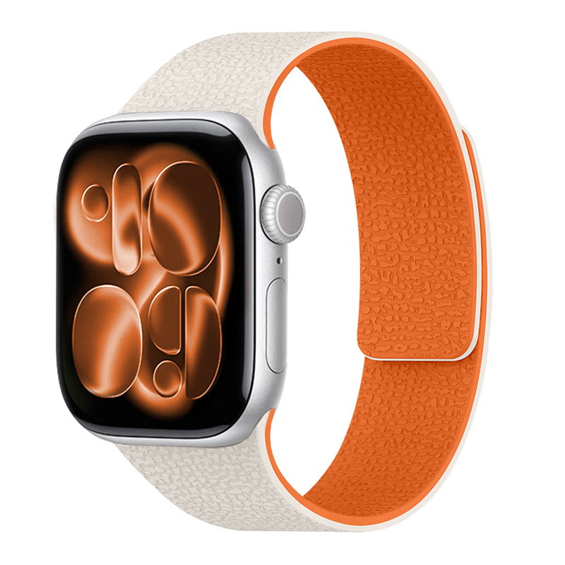 MSSM Compatible Apple Watch Band for Apple Watch S12/S11/10 Silicone Magnetic Strap, IWatch Ultra4/se3 Litchi Pattern Sports Band, Starlight with Orange
