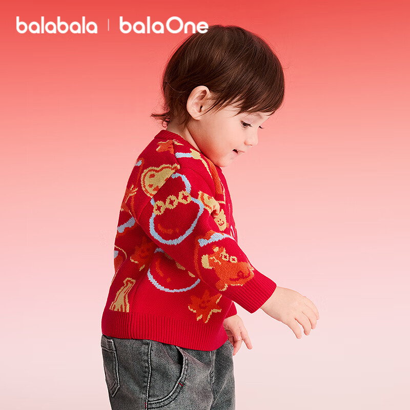 Balabala [balaOne] Kids Baby Knitted Sweater Red New Year Greeting Clothes Autumn Winter Warm Pullover