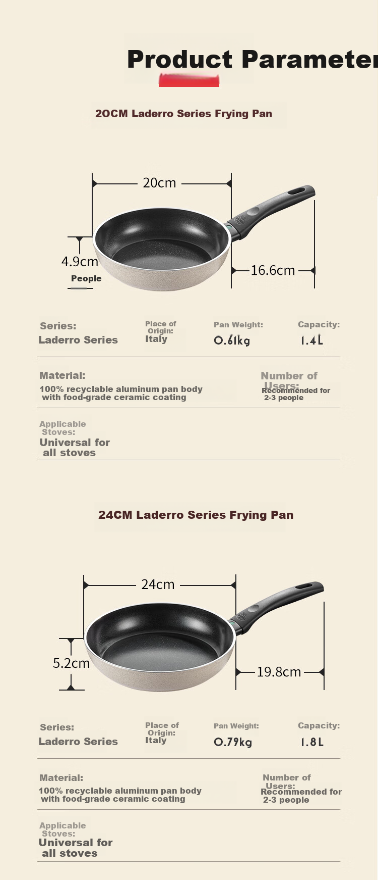 BALLARINI Non-Stick Pan with Titanium Ceramic Coating, Flat Bottom Pan for Induction Cooker, 24CM Laidro Series 9