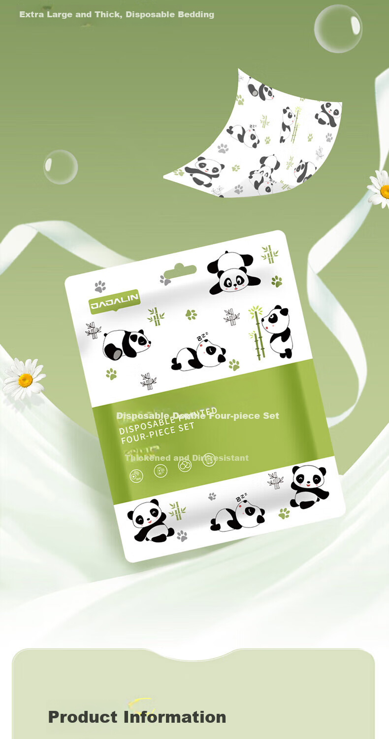 JAJALIN Disposable Four-Piece Set for Double Bed: Bed Sheet, Duvet Cover, Pillowcases, And Sleeping Bag Liner, Disposable Travel Essentials, Panda Design, 2-Piece Set 18