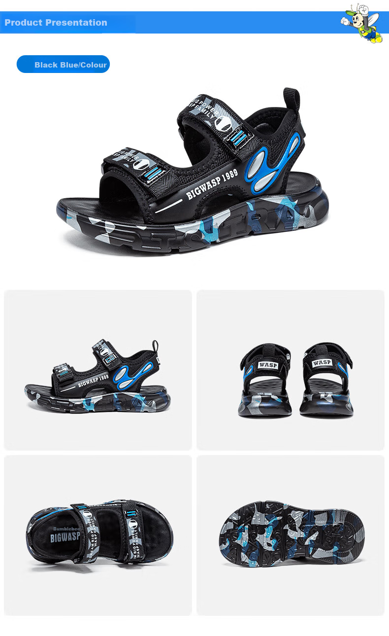 Bumblebee Kids Shoes Summer Soft Sole Non-Slip Black Blue D331237898 Size 27 for Older Children 6
