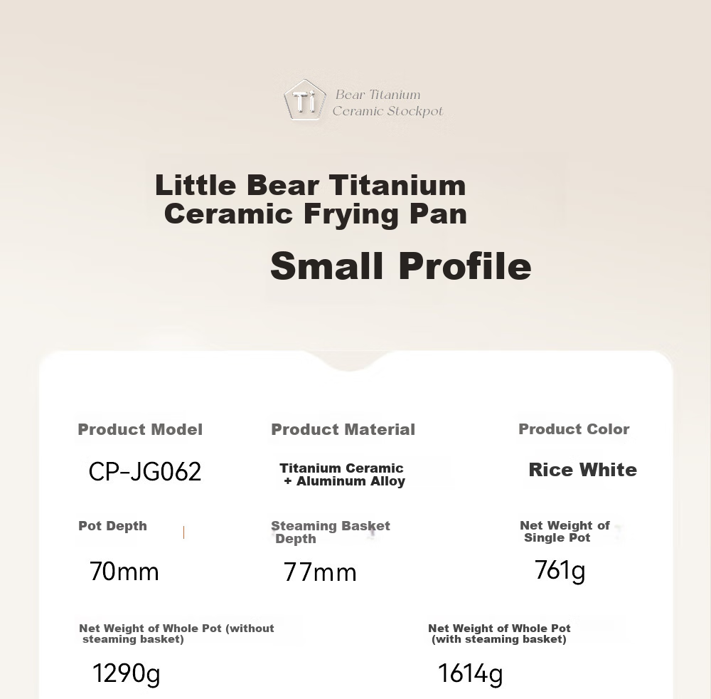 Bear Titanium-Containing Ceramic Wok with Steamer, Non-Stick Coating, Non-Fluorinated, Suitable for Induction And Gas Stoves, 24cm 18
